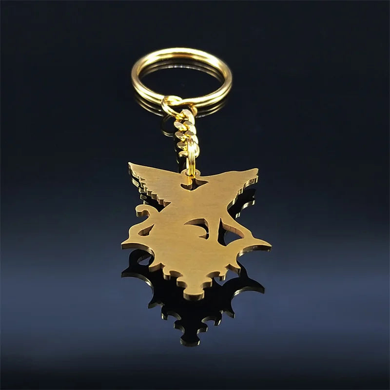 Witchcraft Stainless Steel Moon Flying Wolf Key Chain Gold Color Purple Crystal Keyrings