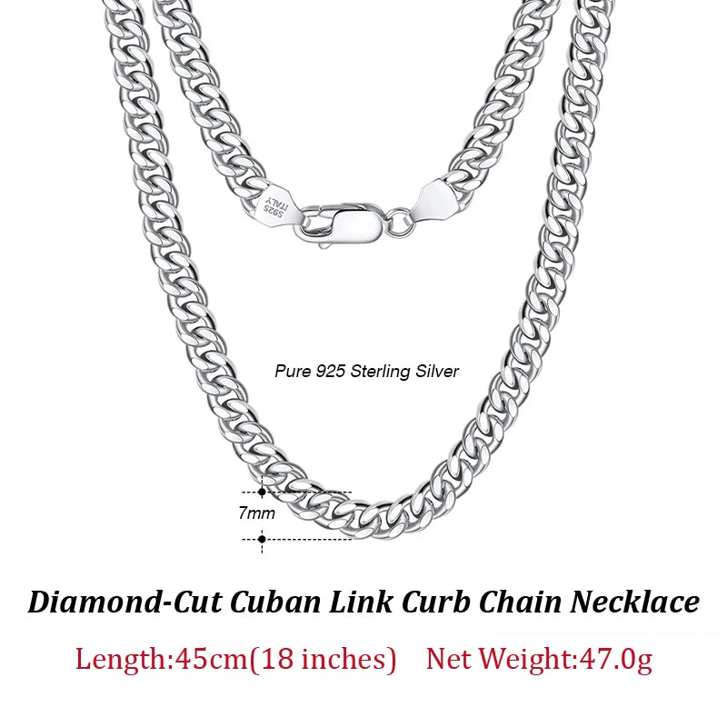 925 Sterling Silver Solid Diamond-Cut Cuban Chain 3.6/5/7mm Link Curb Chain Necklace