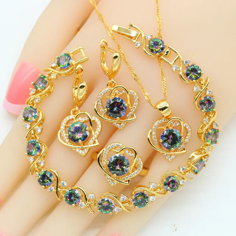 Heart Shaped Rainbow Zirocnia Gold Plated Jewelry Sets For Women