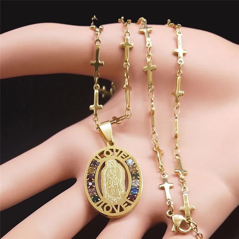 Crystal Stainless Steel The Virgin Mary Medal Necklaces for Women/Men