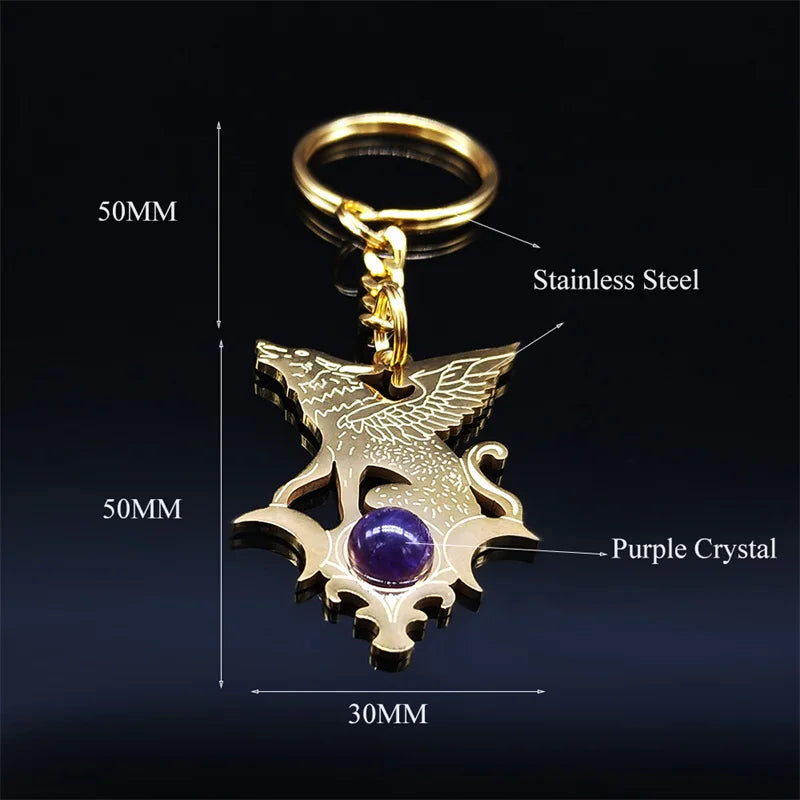 Witchcraft Stainless Steel Moon Flying Wolf Key Chain Gold Color Purple Crystal Keyrings