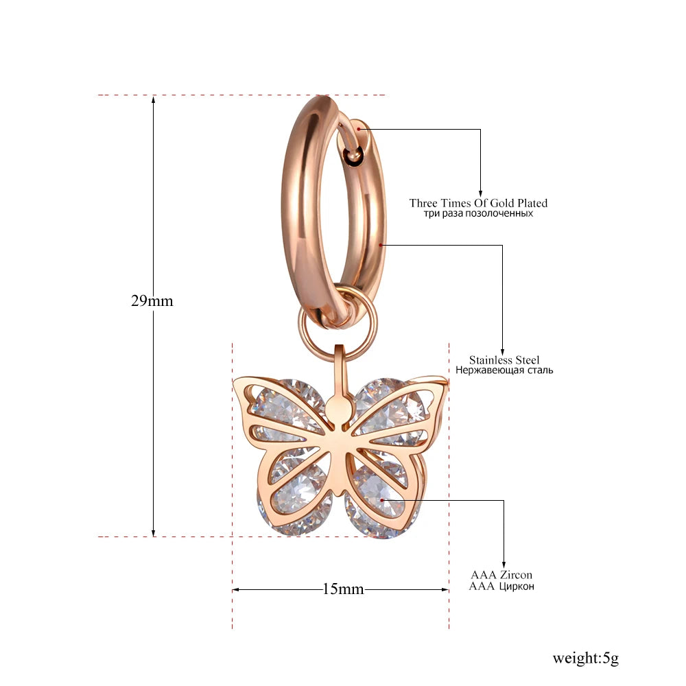 Original Design CZ Crystal Butterfly Hoop Earrings Stainless Steel Trendy Animal Earrings