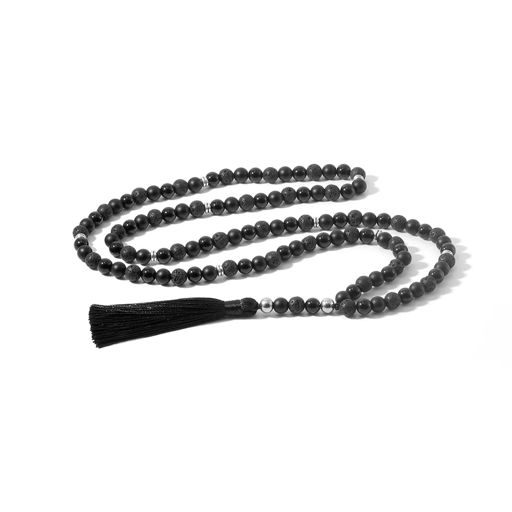 108 Mala Beaded Necklace Volcanic Stone Black Onyx Rosary Meditation