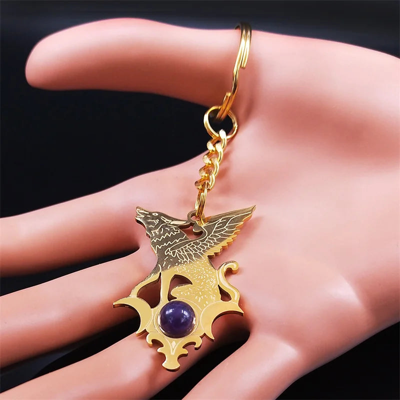 Witchcraft Stainless Steel Moon Flying Wolf Key Chain Gold Color Purple Crystal Keyrings