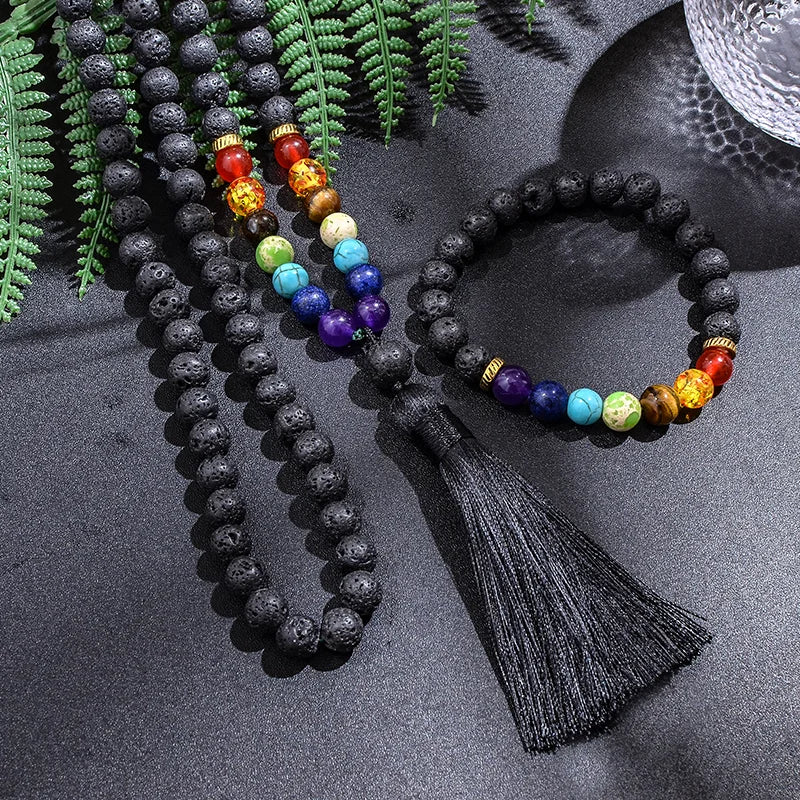 8mm Black Lava Stone 7 Chakra Beaded Japamala Necklace 108 Rosary Meditation Yoga Jewelry Bracelet Set