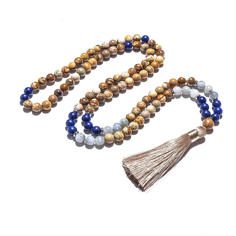 8mm Picture Jasper Lapis Lazuli Labradorite Japamala Beaded Necklace Meditation Yoga Women