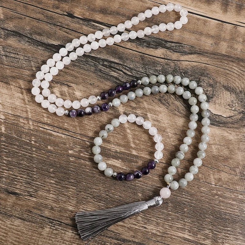 8mm Natural White Jade Labradorite Amethyst Necklace Bracelet 108 Japa Mala Jewelry Sets