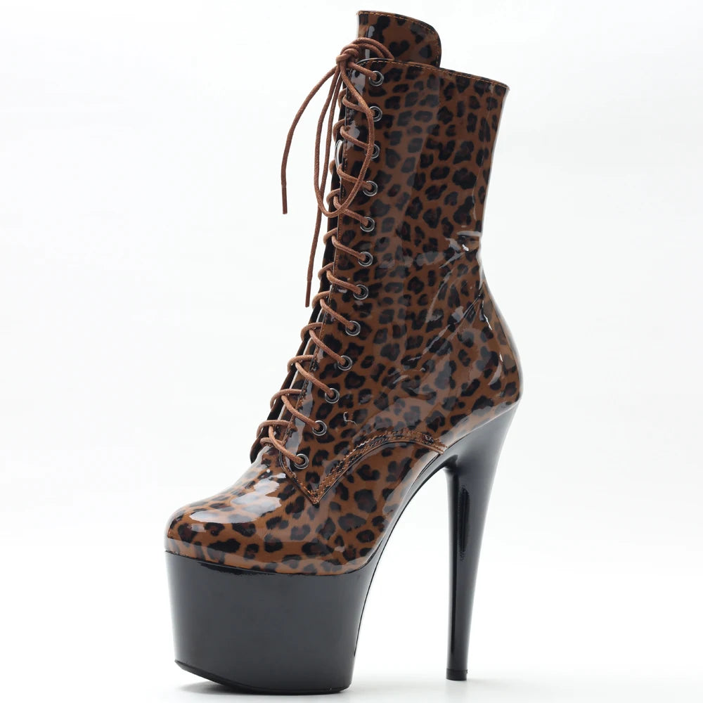New 7Inch Stiletto Exotic Dance Ankle Boots Lace Up Lepaord