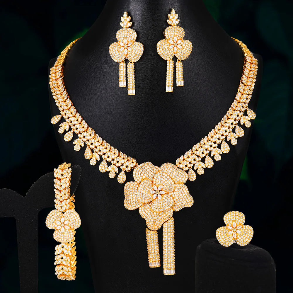 Luxury Shiny 4PCS Flowers Necklace Bracelet Earrings Ring Jewelry Set for Women