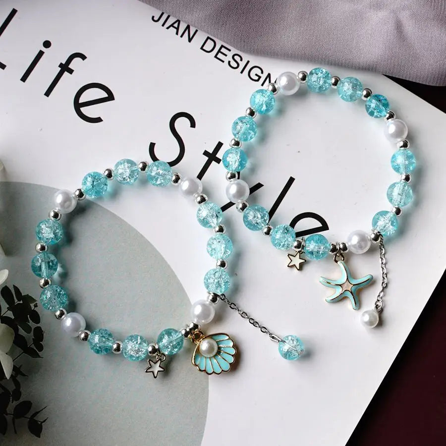  Popcorn Starfish Bracelet With Crystal Pearl Conch Girlfriends Glass Jewelry