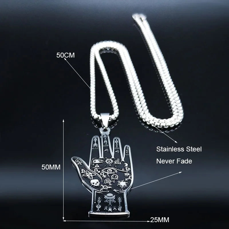 Witchcraft Divination Hand Eye Stainless Steel Necklace Men/Women Silver Color Wicca Necklaces