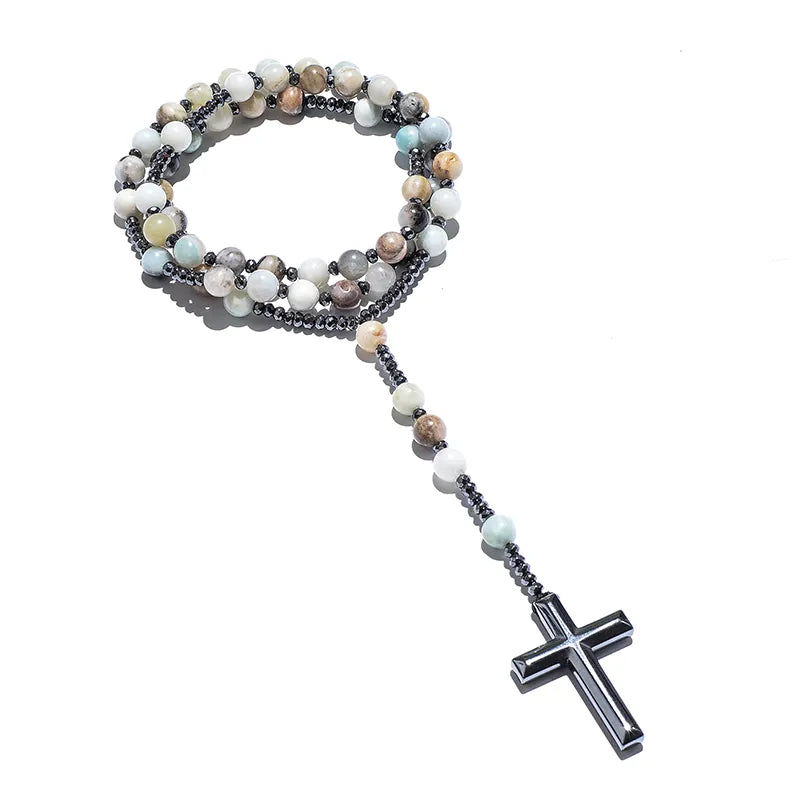 Natural 8mm Amazonite Beads Catholic Christ Rosary Necklaces Hematite Cross Pendant