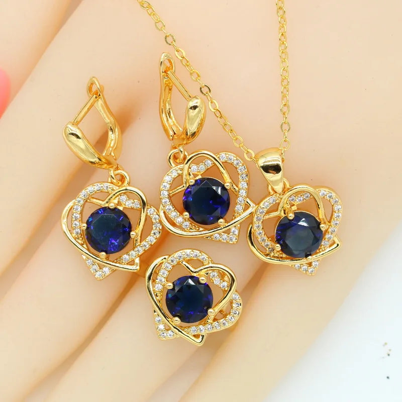 Heart Shaped Rainbow Zirocnia Gold Plated Jewelry Sets For Women