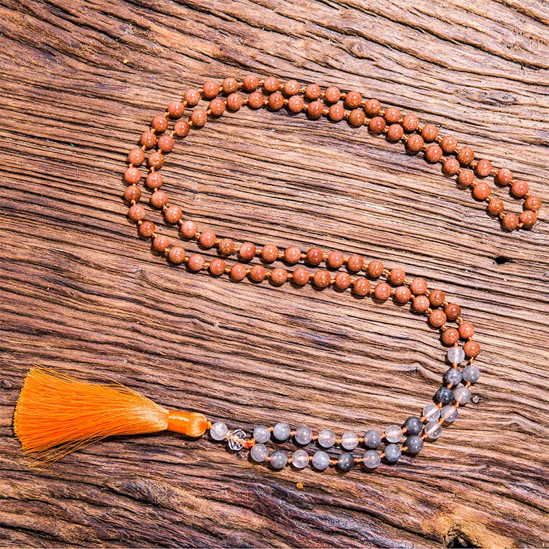 8mm Cloud Rockcrystal Sandstone Knotted Necklace 108Japamala Beaded Meditation