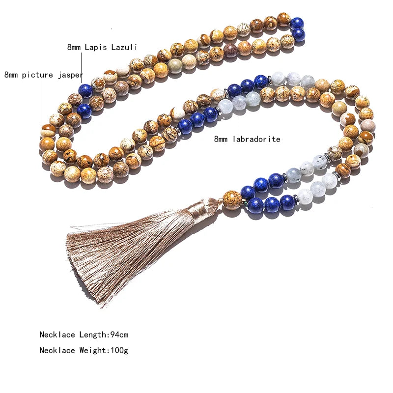 8mm Picture Jasper Lapis Lazuli Labradorite Japamala Beaded Necklace Meditation Yoga Women