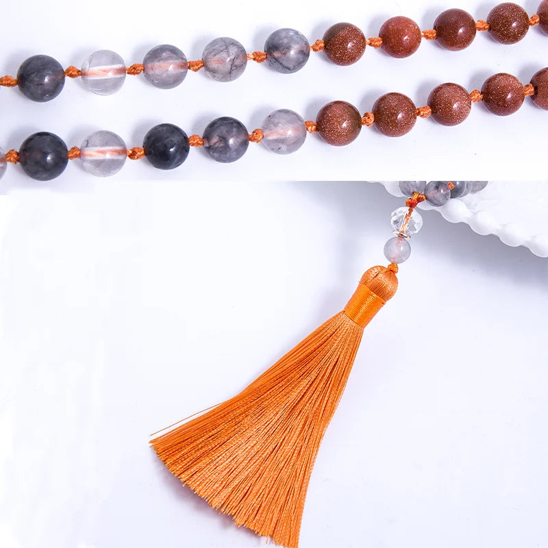 8mm Cloud Rockcrystal Sandstone Knotted Necklace 108Japamala Beaded Meditation