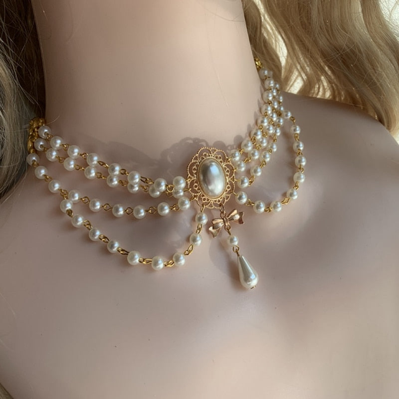 Vintage Style 2 Layers Pearl Choker Necklace For Women