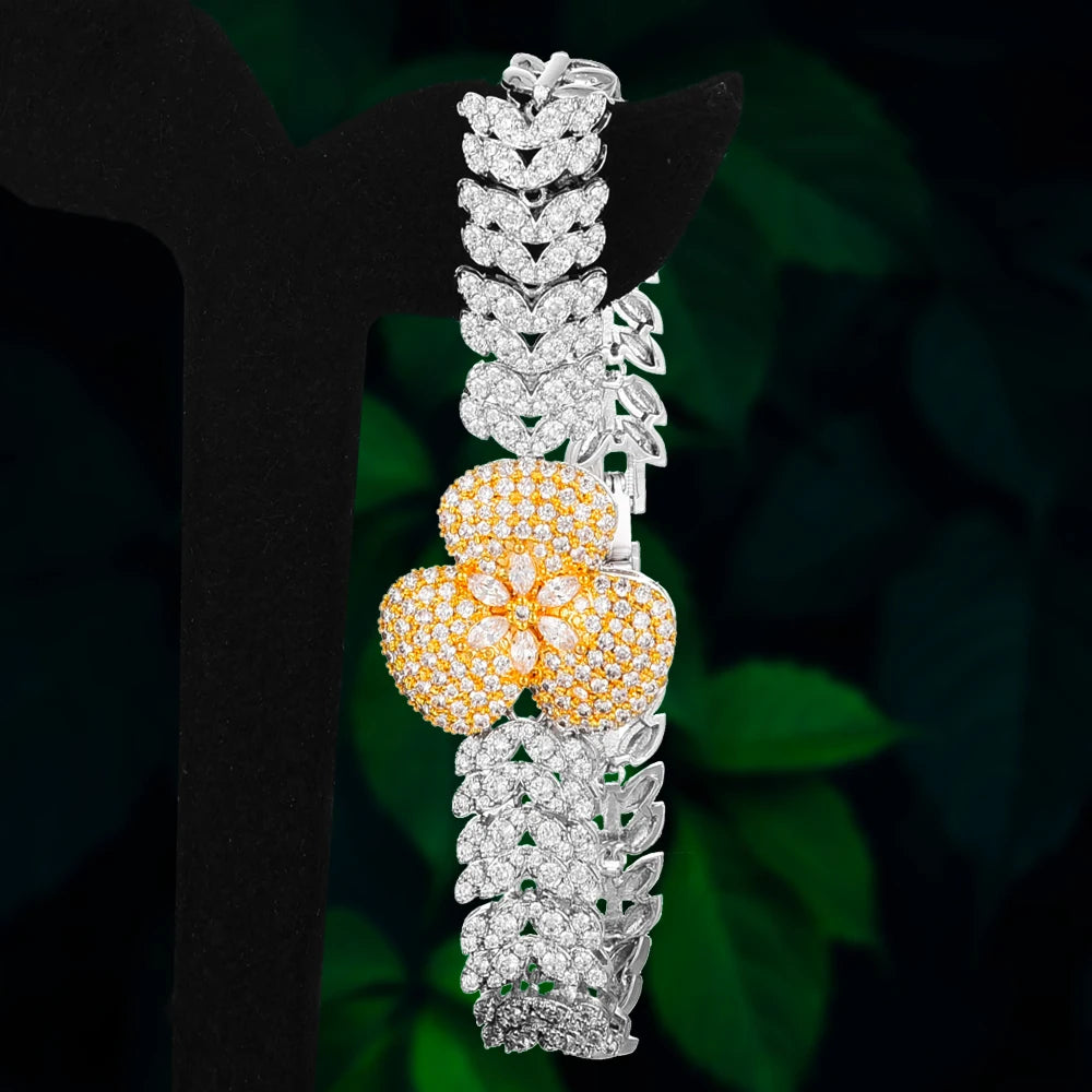 Luxury Shiny 4PCS Flowers Necklace Bracelet Earrings Ring Jewelry Set for Women