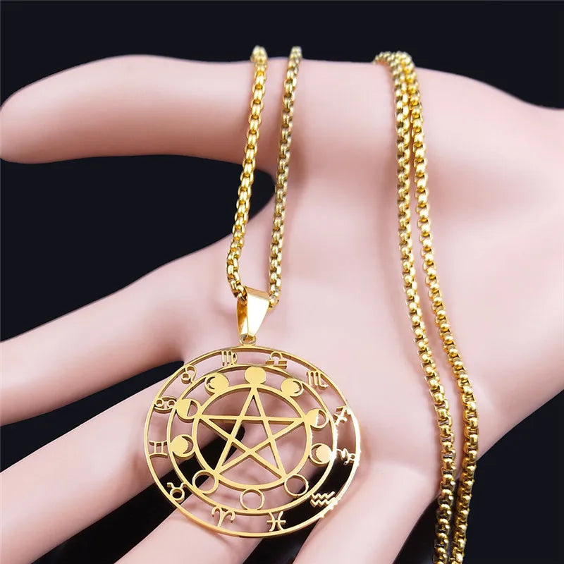 Witch Divination Pentagram Moon Phase Stainless Steel 12 Constellation Necklaces