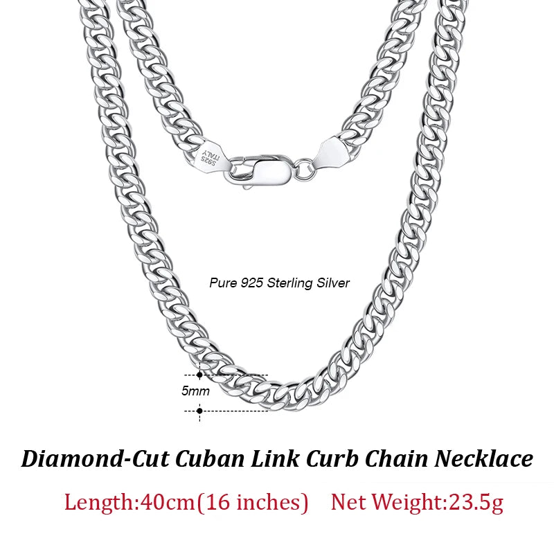 925 Sterling Silver Solid Diamond-Cut Cuban Chain 3.6/5/7mm Link Curb Chain Necklace