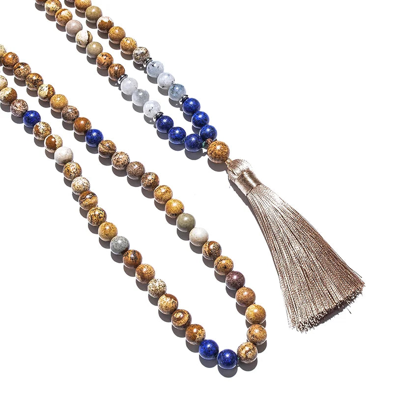 8mm Picture Jasper Lapis Lazuli Labradorite Japamala Beaded Necklace Meditation Yoga Women
