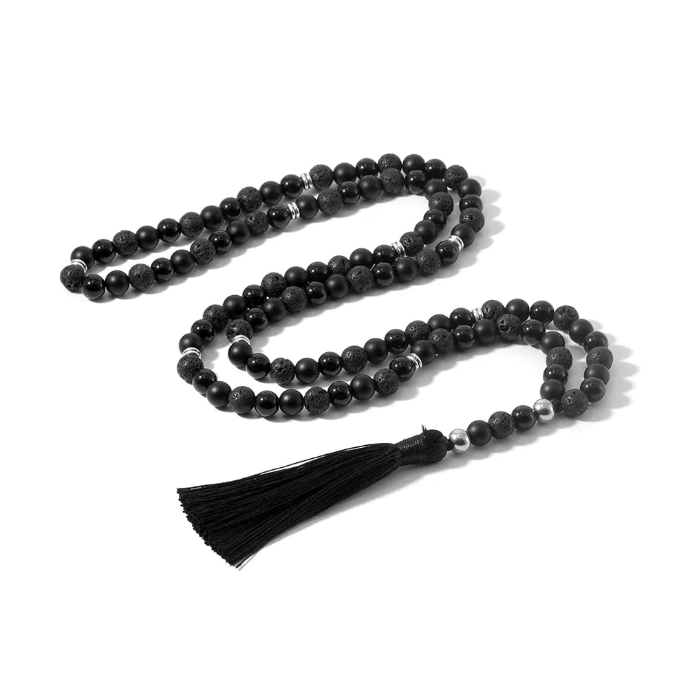 108 Mala Beaded Necklace Volcanic Stone Black Onyx Rosary Meditation