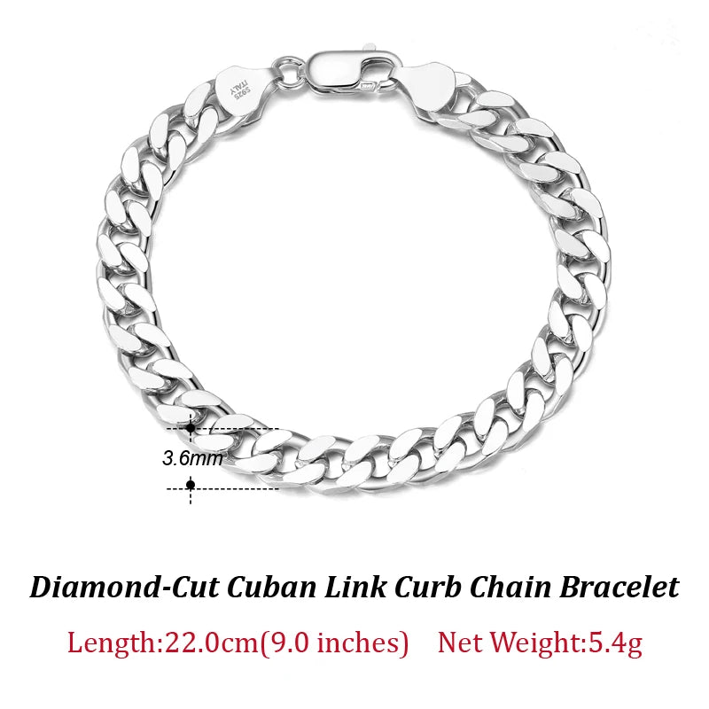 925 Sterling Silver Solid Diamond-Cut Cuban Chain 3.6/5/7mm Link Curb Chain Necklace