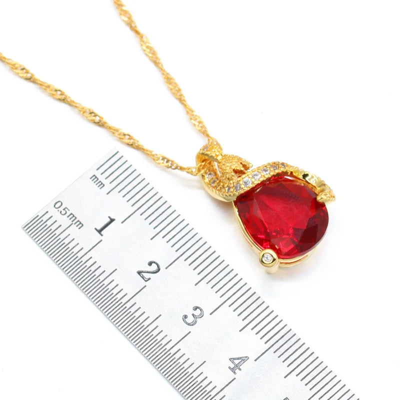 Pear Shaped Red Blue Stones Gold Color  Stud Earrings Necklace Pendant Rings Gift Box
