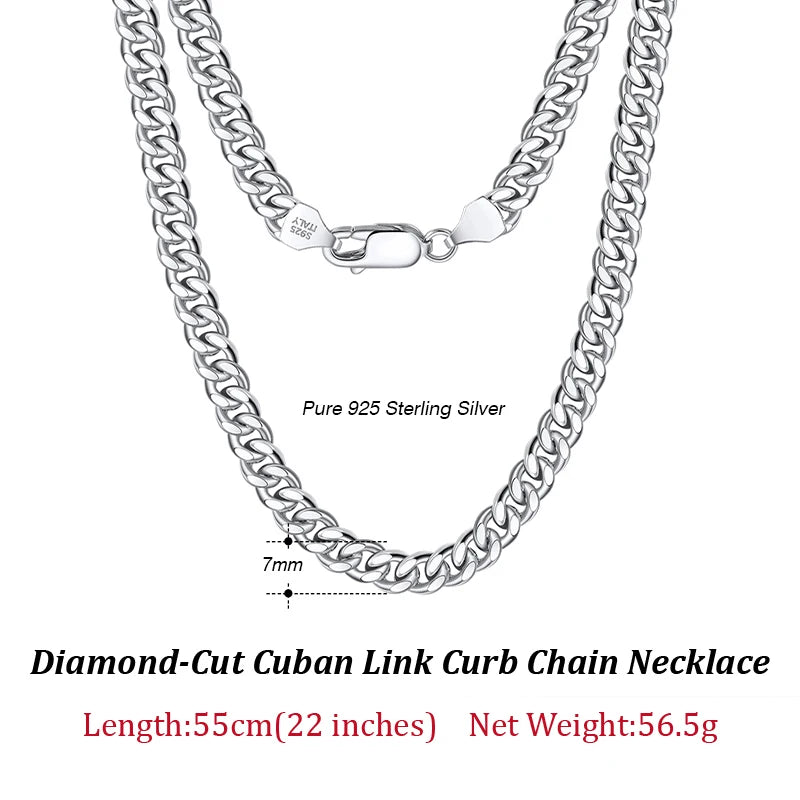 925 Sterling Silver Solid Diamond-Cut Cuban Chain 3.6/5/7mm Link Curb Chain Necklace