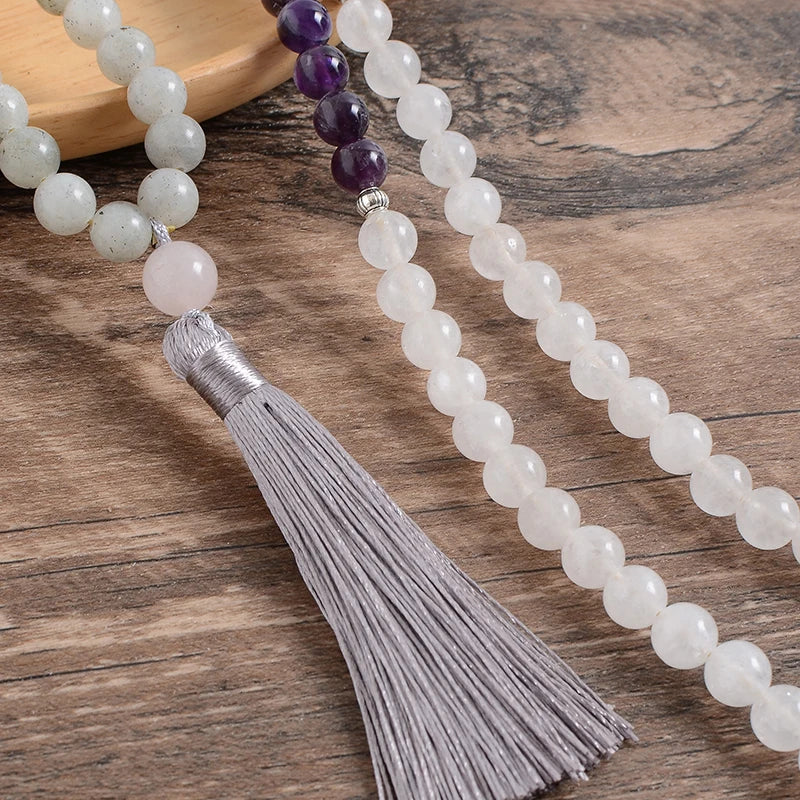8mm Natural White Jade Labradorite Amethyst Necklace Bracelet 108 Japa Mala Jewelry Sets