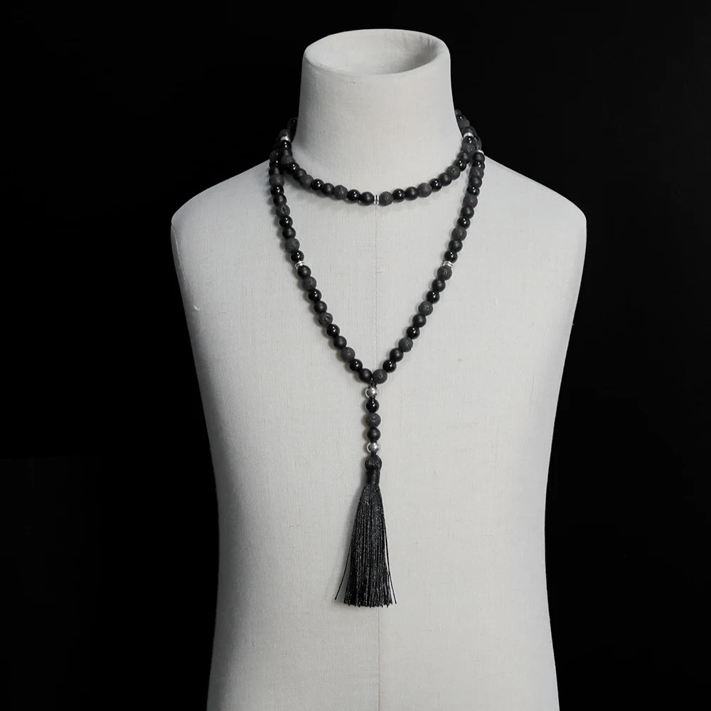  108 Mala Beaded Necklace Volcanic Stone Black Onyx Rosary Meditation
