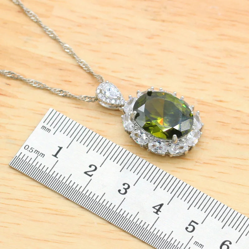 Green Zirconia Dubai Jewelry Sets For Women Bracelet Stud Earrings Necklace Pendant Open Ring Birthday Gift