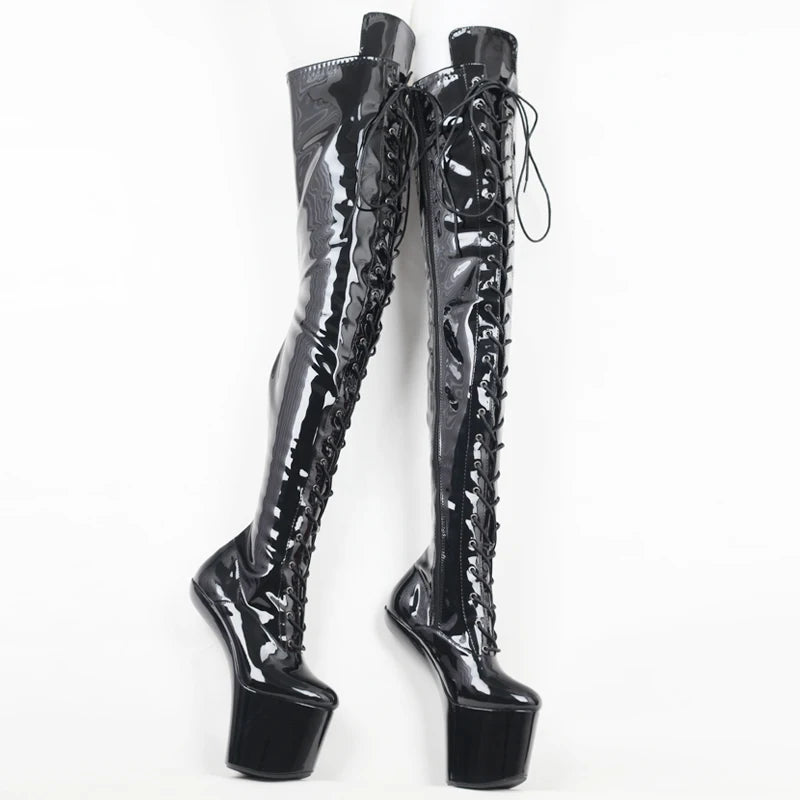 20CM High Heel Fetish heelless gothic lace-up platform hoof ballet patent boots EU36-46