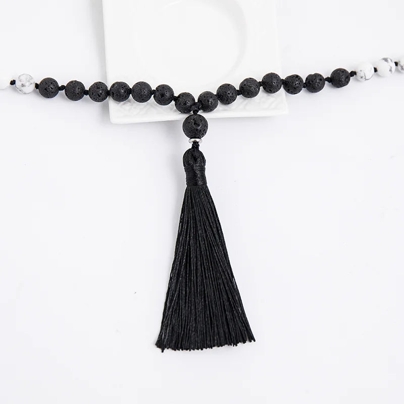 8mm Natural Stone 108 Mala Rosary Necklace Howlite Black Lava Stone Beaded