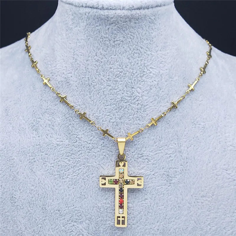 Stainless Steel Crystal Gold Color Catholic Cross Jesus Chain Necklace
