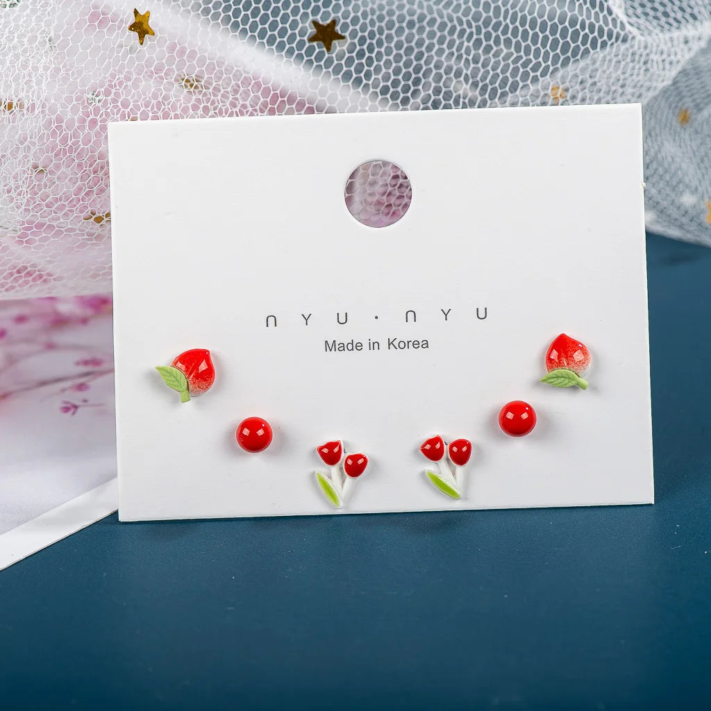  3pairs Fashion Cartoon Ceramic Gift Earrings Earring Set