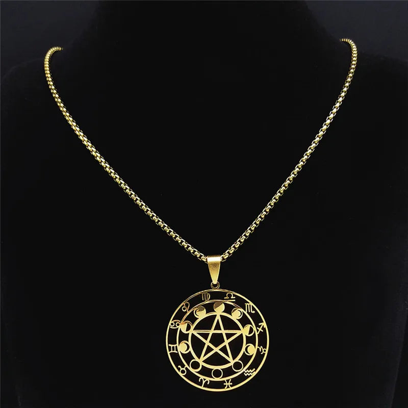 Witch Divination Pentagram Moon Phase Stainless Steel 12 Constellation Necklaces