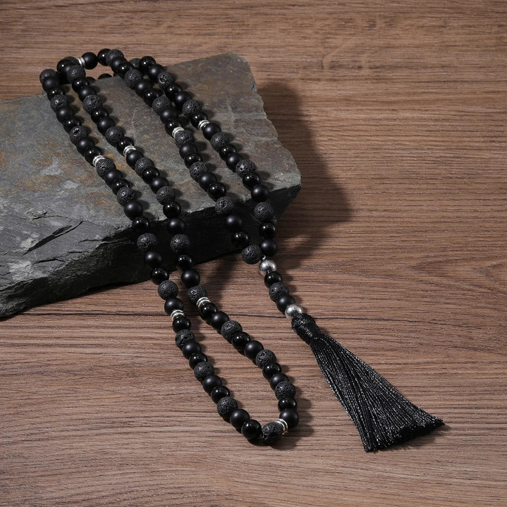 108 Mala Beaded Necklace Volcanic Stone Black Onyx Rosary Meditation