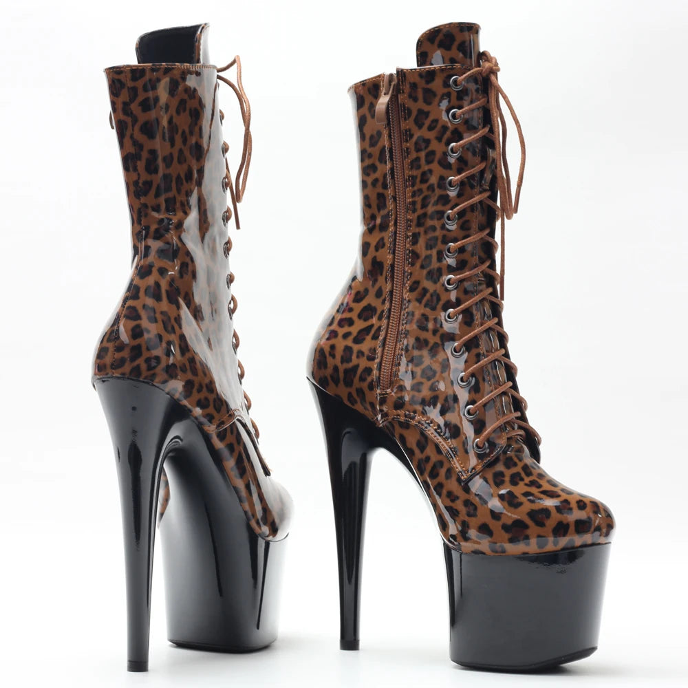 New 7Inch Stiletto Exotic Dance Ankle Boots Lace Up Lepaord