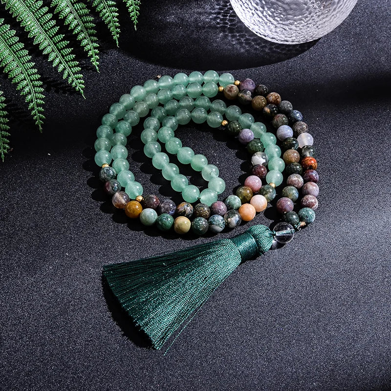8mm Indian Agate Green Aventurine 108 Beads Japamala Necklace Bracelet Set
