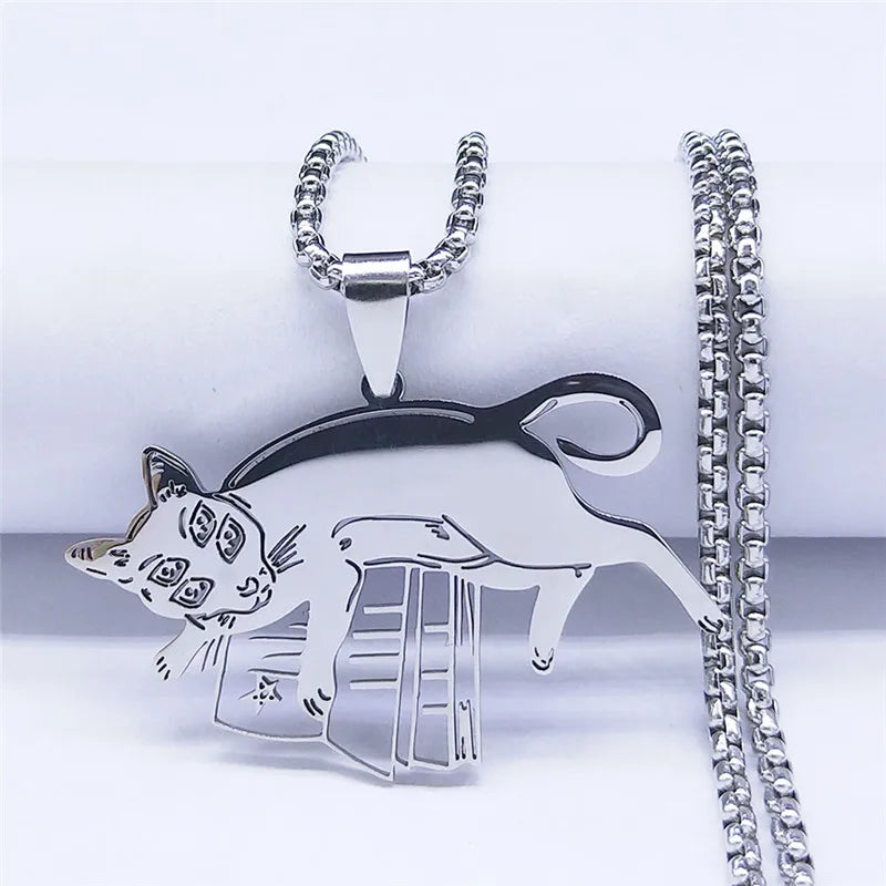 Witchcraft Cat Stainless Steel Pentagram Magic Book Pendant Necklaces Chain