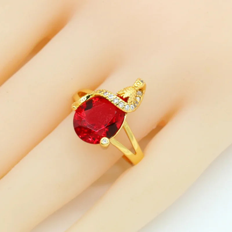 Pear Shaped Red Blue Stones Gold Color  Stud Earrings Necklace Pendant Rings Gift Box