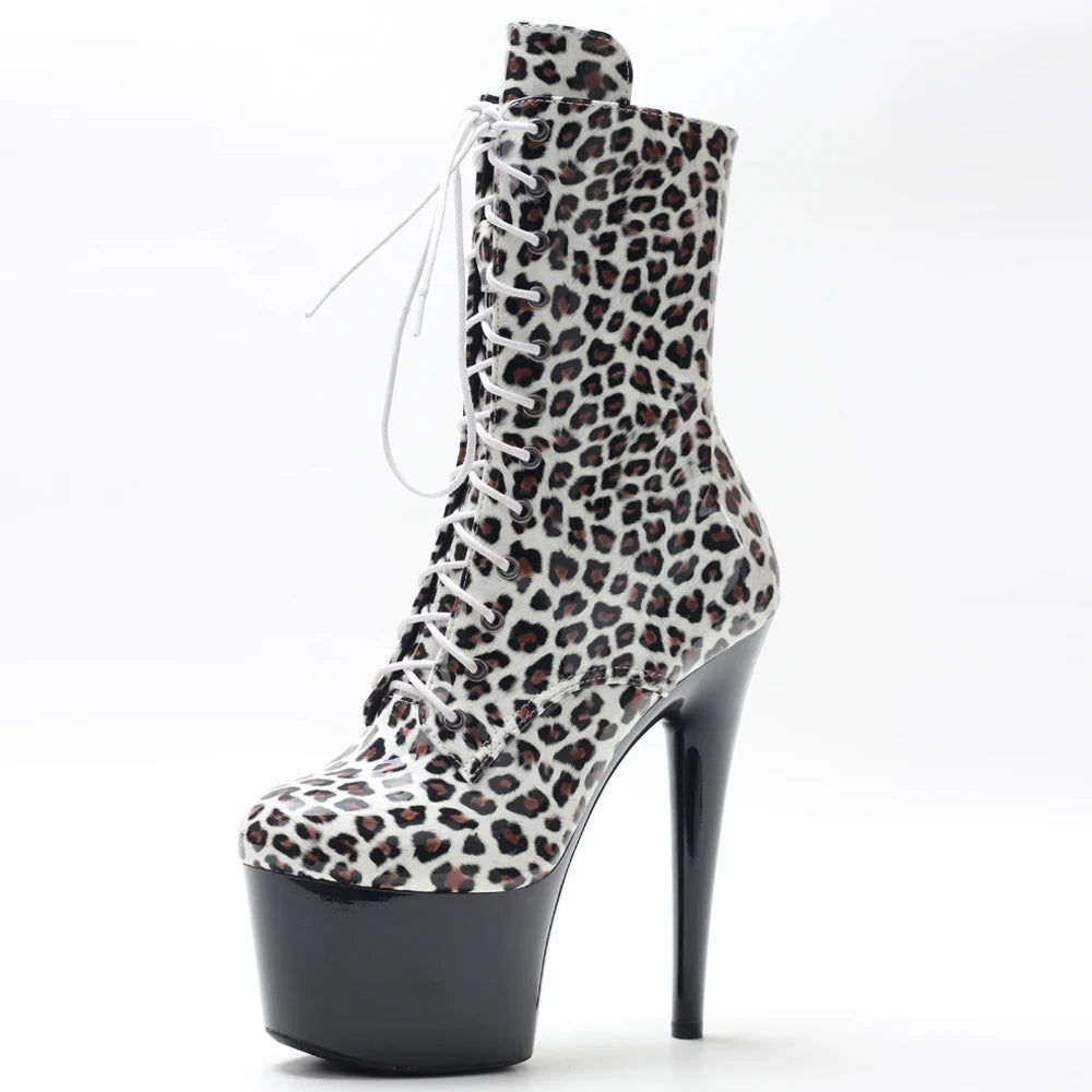 New 7Inch Stiletto Exotic Dance Ankle Boots Lace Up Lepaord