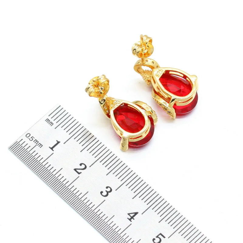 Pear Shaped Red Blue Stones Gold Color  Stud Earrings Necklace Pendant Rings Gift Box