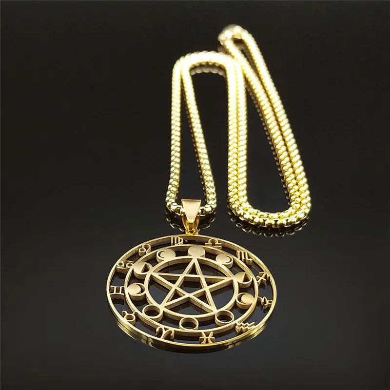 Witch Divination Pentagram Moon Phase Stainless Steel 12 Constellation Necklaces