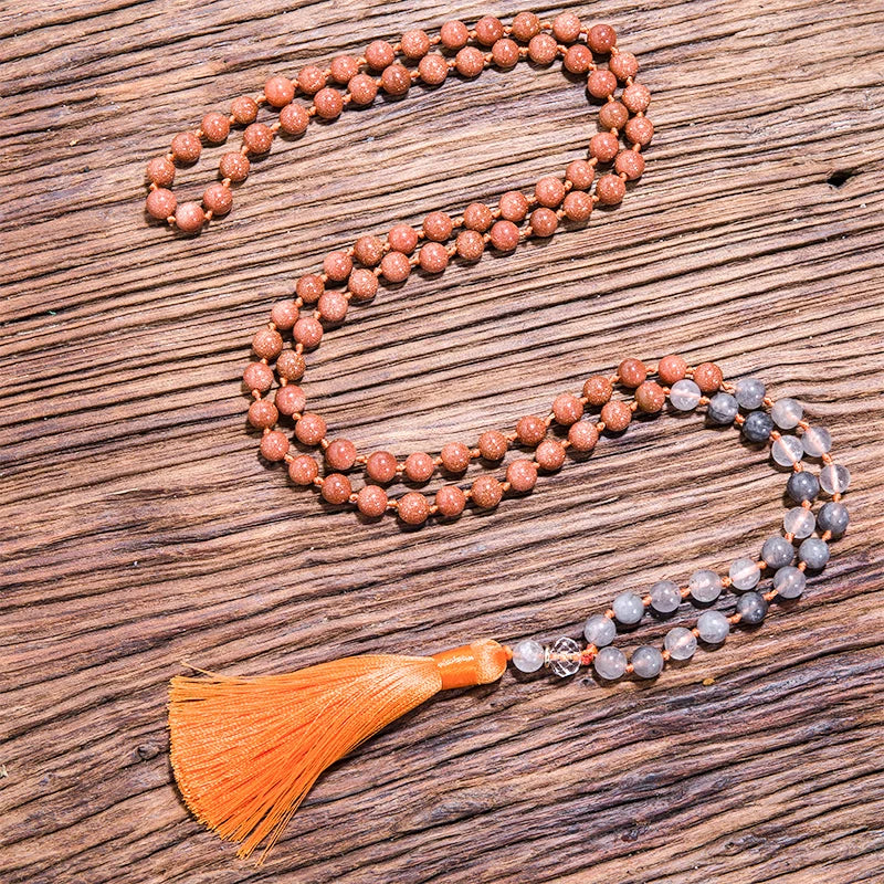  8mm Cloud Rockcrystal Sandstone Knotted Necklace 108Japamala Beaded Meditation