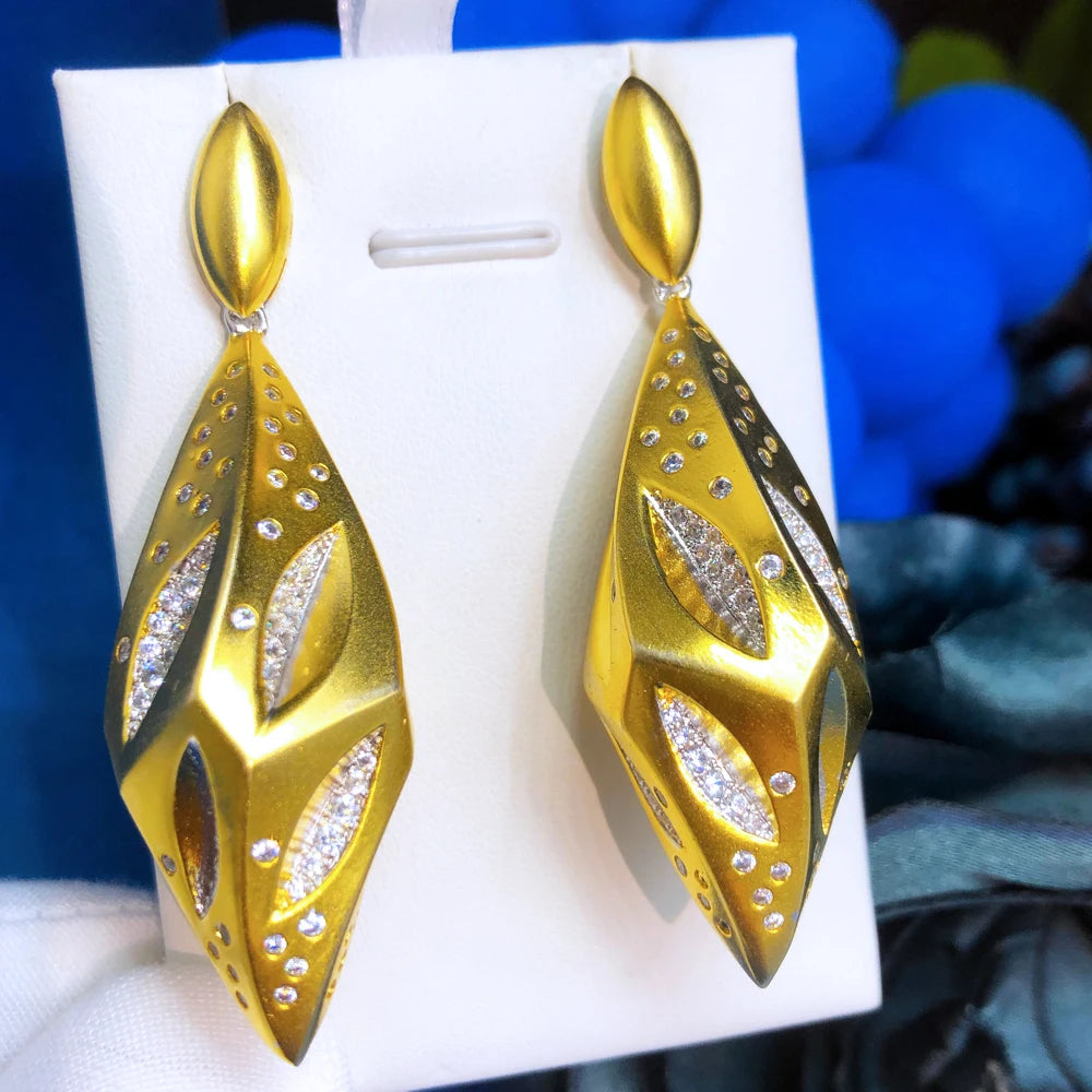 New Original Luxury Geometric Big 3D Drop Earrings Full Cubic Zirconia for Women