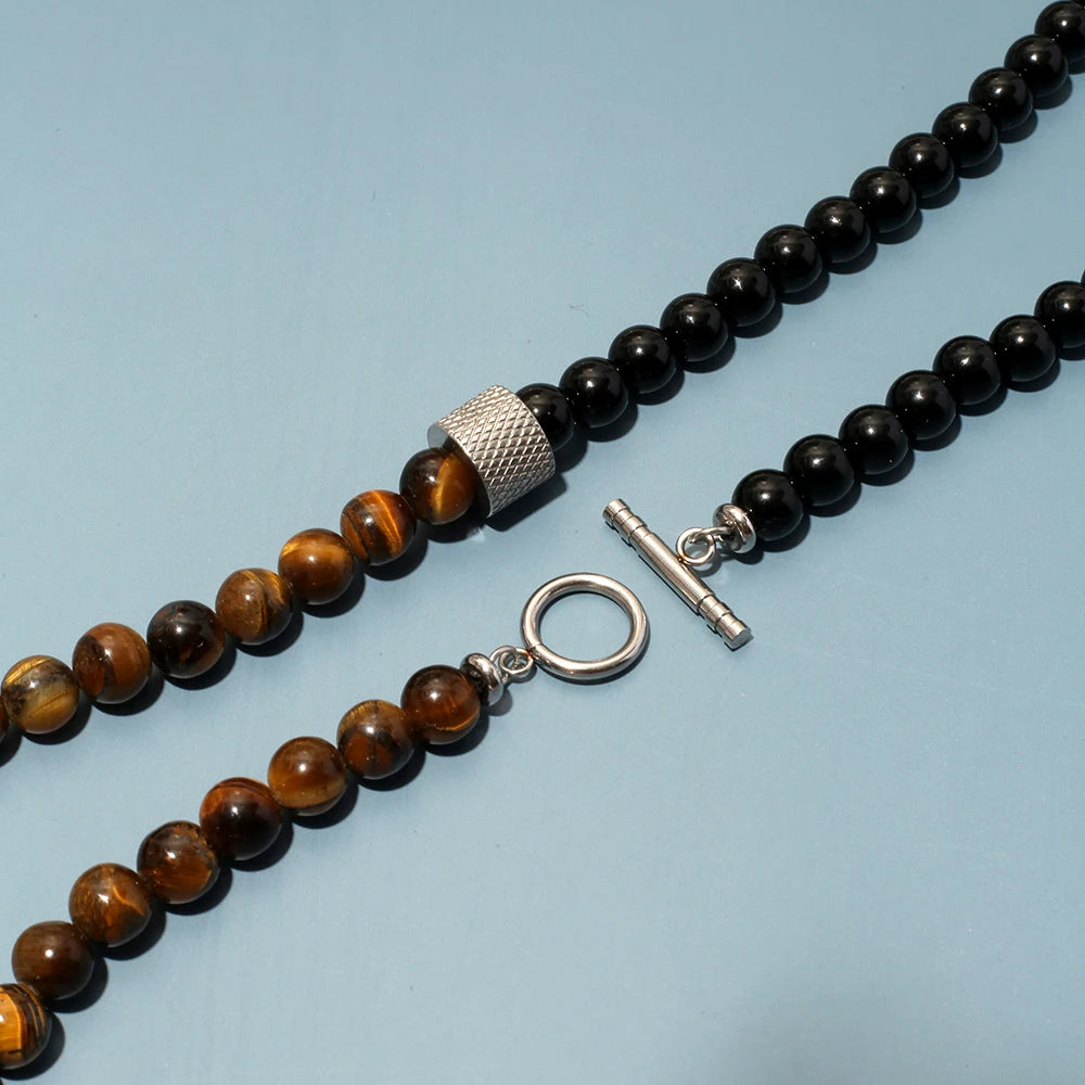 8mm Natural Stone Tiger Eyes Black Onyx Bead Necklace Stainless Steel Beaded Charm Choker Neck Chain