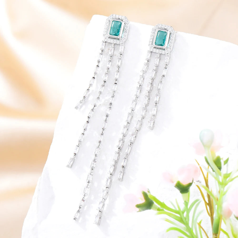 Trendy Sweet Long CZ Tassel Earrings For Women Bohemian Geometric Drop Earring