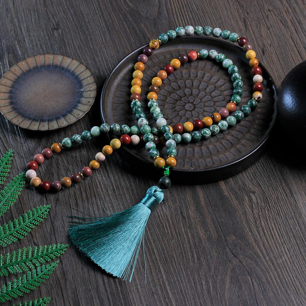 108 Mala Beaded Tassel Necklace,8mm beads Lapis lazuli and yolk vitellite Japamala Meditation
